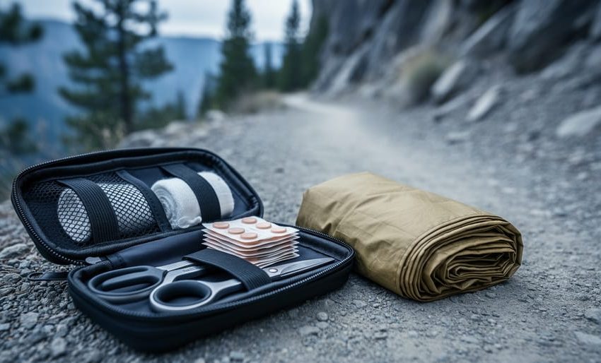 A compact waterproof first aid kit with organized supplies placed on a rocky hiking trail under overcast light, with outdoor gear in the background.
