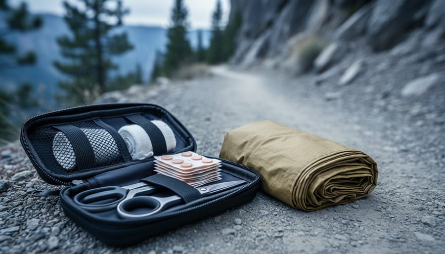 A compact waterproof first aid kit with organized supplies placed on a rocky hiking trail under overcast light, with outdoor gear in the background.