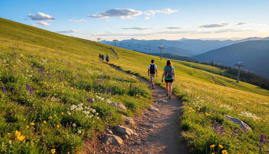 Hikers walking along a summer alpine meadow trail with wildflowers in the background
