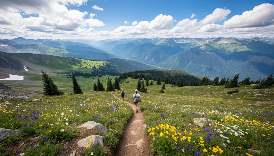 Hiker on a ridge at Big White Mountain looking out over alpine meadows and distant mountain views