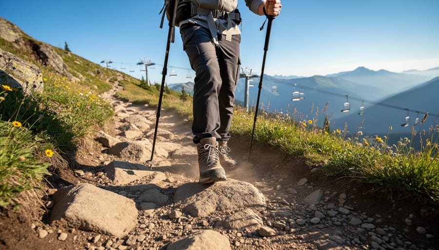 Close-up of a hiker’s boot stepping on a rocky mountain trail with a forested background