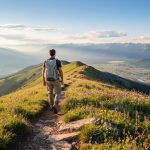 Hiker standing on a mountain ridge above alpine meadows with wildflowers, looking out over the Okanagan valley from Big White Mountain.