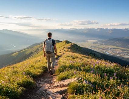 Hiker standing on a mountain ridge above alpine meadows with wildflowers, looking out over the Okanagan valley from Big White Mountain.