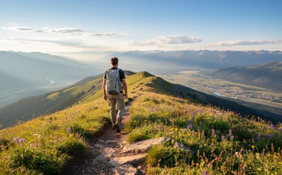 Hiker standing on a mountain ridge above alpine meadows with wildflowers, looking out over the Okanagan valley from Big White Mountain.