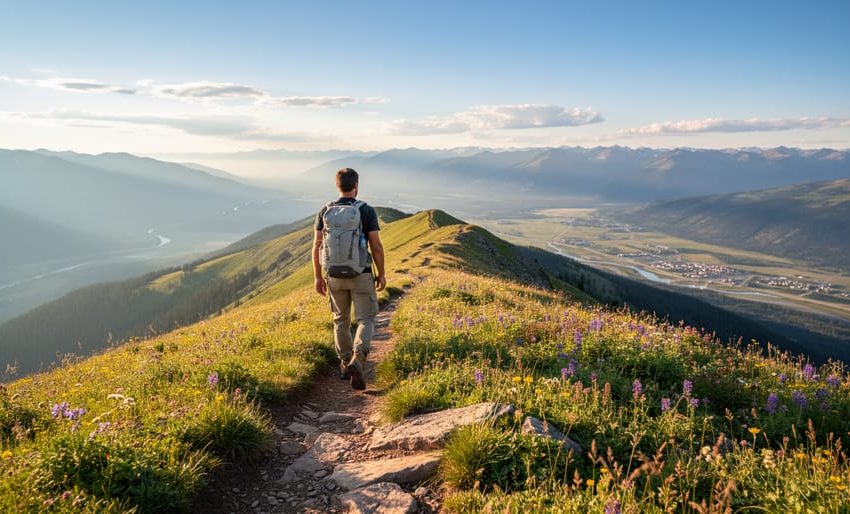 Hiker standing on a mountain ridge above alpine meadows with wildflowers, looking out over the Okanagan valley from Big White Mountain.