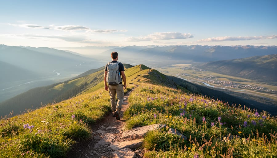Hiker standing on a mountain ridge above alpine meadows with wildflowers, looking out over the Okanagan valley from Big White Mountain.