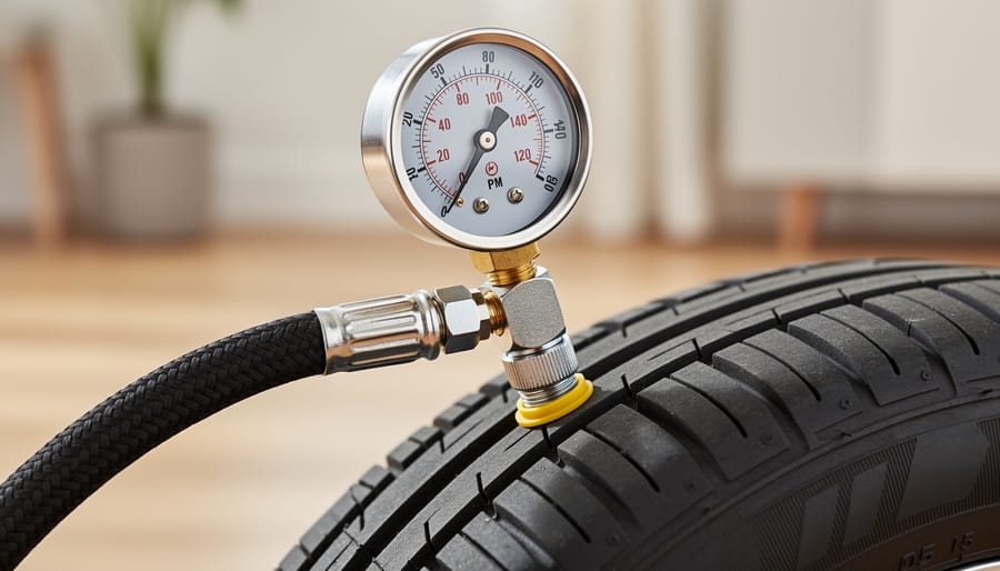 Close-up of a bike floor pump gauge and valve connection on a bicycle wheel.