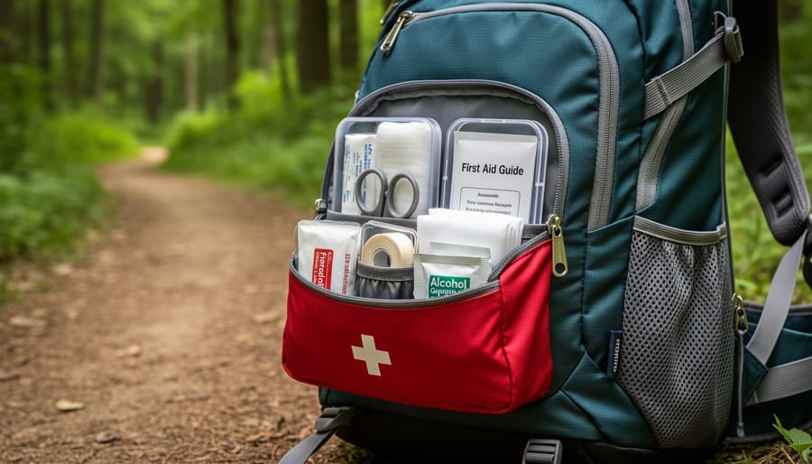 Basic beginner hiking first aid kit pouch accessible in a backpack side pocket