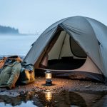 Camping tent and layered waterproof gear on a shoreline campsite near the St. Lawrence River with fog drifting in.