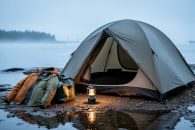 Camping tent and layered waterproof gear on a shoreline campsite near the St. Lawrence River with fog drifting in.