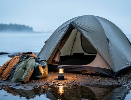 Camping tent and layered waterproof gear on a shoreline campsite near the St. Lawrence River with fog drifting in.