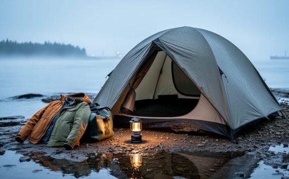 Camping tent and layered waterproof gear on a shoreline campsite near the St. Lawrence River with fog drifting in.
