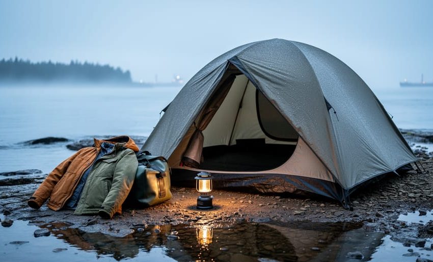Camping tent and layered waterproof gear on a shoreline campsite near the St. Lawrence River with fog drifting in.