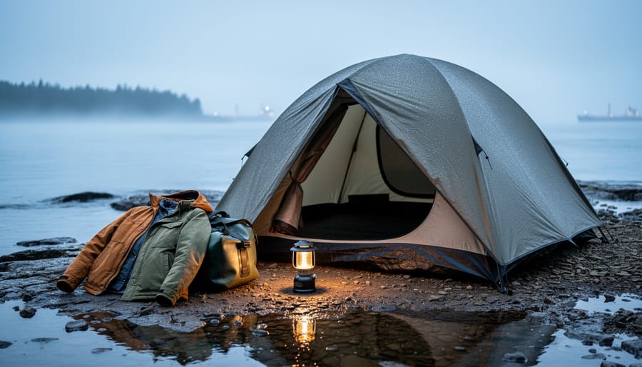 Camping tent and layered waterproof gear on a shoreline campsite near the St. Lawrence River with fog drifting in.