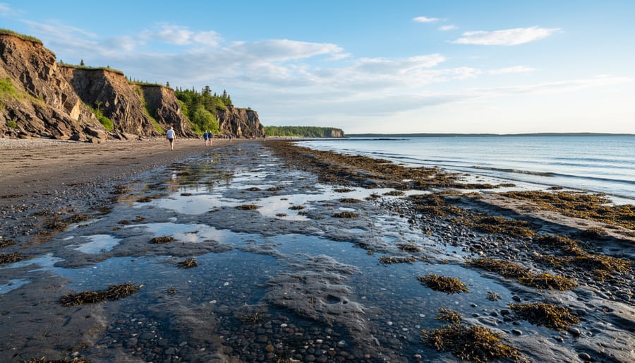 Hikers walking along a coastal loop over tide flats near Cap-à-l’Orignal