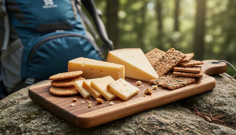 Hard cheese wedge and crackers packed in a container beside a hiking backpack on a rocky trail ledge.