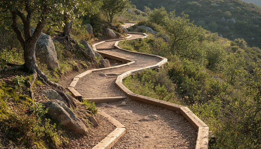 Close-up of a switchback trail curve with compacted dirt and surrounding rocks and roots.