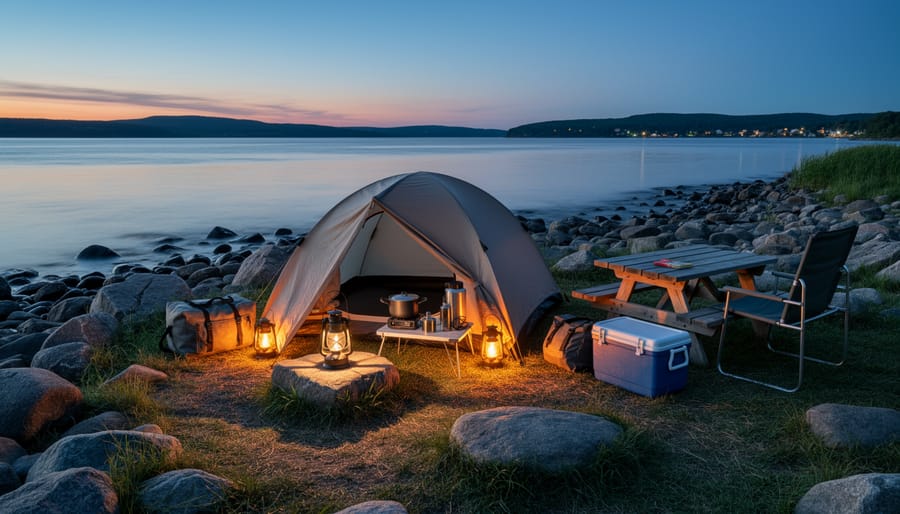 Campsite with tarp shelter and lantern light beside a camp stove, with the St. Lawrence shoreline in the background at dusk.