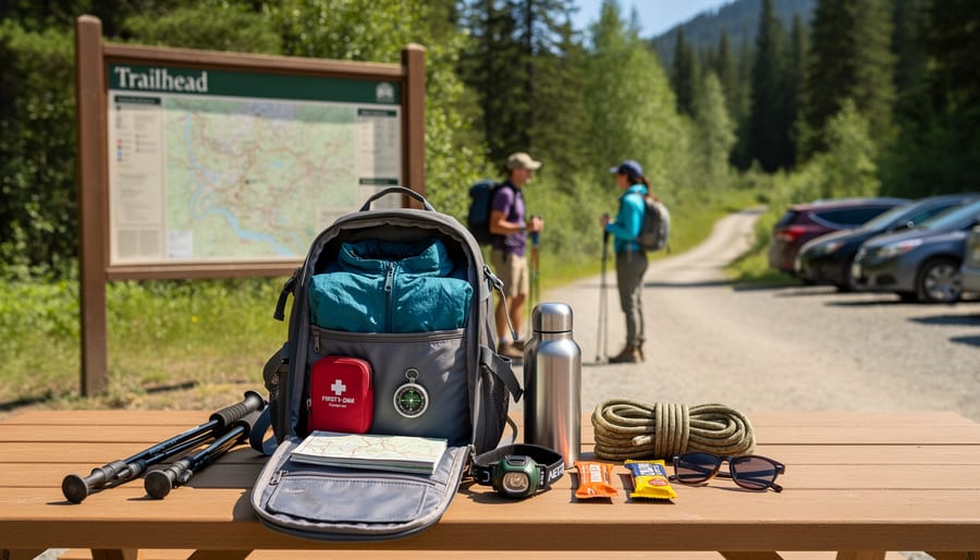 Comprehensive day-hike first aid kit laid out on a trailhead picnic table