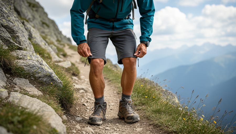 Woman in convertible hiking pants adjusting the zip-off portion near a mountain overlook