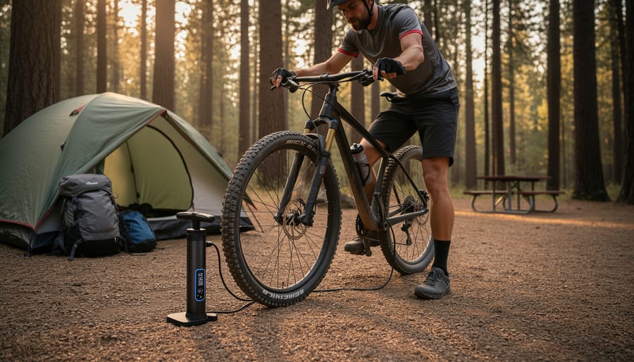Cordless electric inflator nozzle connected to a bike tire at a campsite with trees and tent in the background.