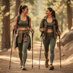 Hikers in gorpcore-inspired clothing—cropped tank, high-waisted leggings, fleece layer, and trail runners—standing on a forest trail with blurred trees in the background.