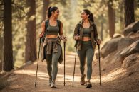 Hikers in gorpcore-inspired clothing—cropped tank, high-waisted leggings, fleece layer, and trail runners—standing on a forest trail with blurred trees in the background.