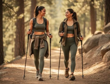 Hikers in gorpcore-inspired clothing—cropped tank, high-waisted leggings, fleece layer, and trail runners—standing on a forest trail with blurred trees in the background.