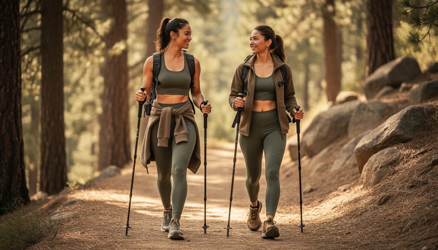 Hikers in gorpcore-inspired clothing—cropped tank, high-waisted leggings, fleece layer, and trail runners—standing on a forest trail with blurred trees in the background.
