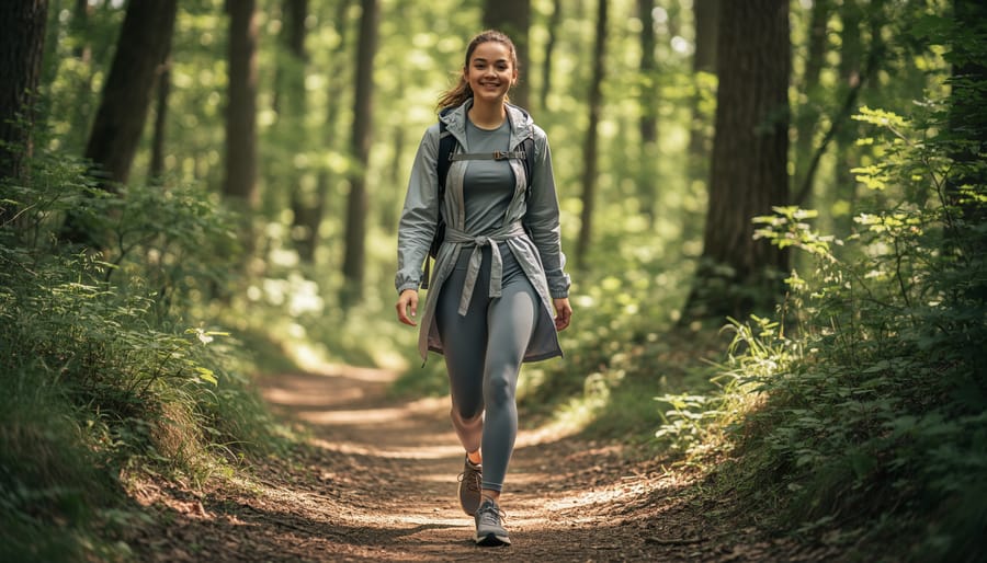 Person wearing a cute hiking outfit walking along a forest trail