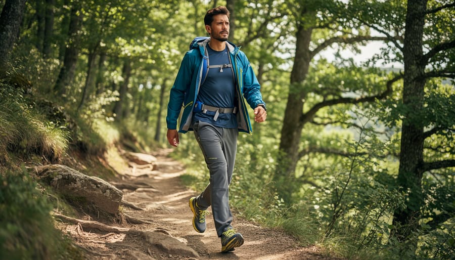 Woman modeling a cute hiking outfit on a forest trail with a daypack