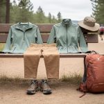 Stylish hiking outfit with moisture-wicking top, relaxed hiking pants, jacket, trail shoes, sun hat, and small backpack arranged at a trailhead bench on a forest path.