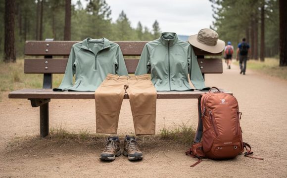 Stylish hiking outfit with moisture-wicking top, relaxed hiking pants, jacket, trail shoes, sun hat, and small backpack arranged at a trailhead bench on a forest path.