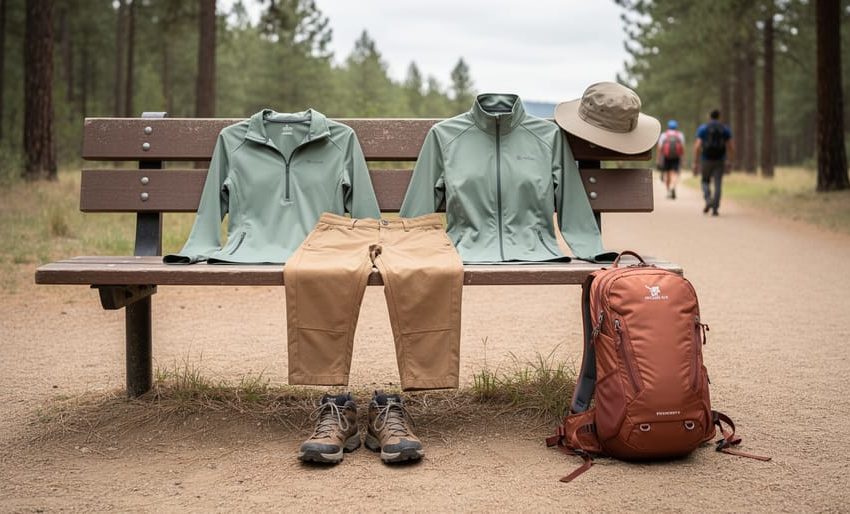 Stylish hiking outfit with moisture-wicking top, relaxed hiking pants, jacket, trail shoes, sun hat, and small backpack arranged at a trailhead bench on a forest path.