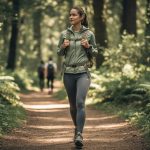 Woman hiking on a forest trail wearing a layered, moisture-wicking base outfit, lightweight windbreaker, and supportive hiking shoes with a small daypack.