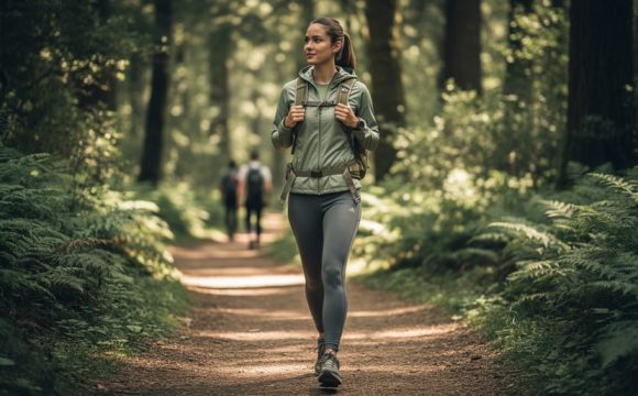 Woman hiking on a forest trail wearing a layered, moisture-wicking base outfit, lightweight windbreaker, and supportive hiking shoes with a small daypack.
