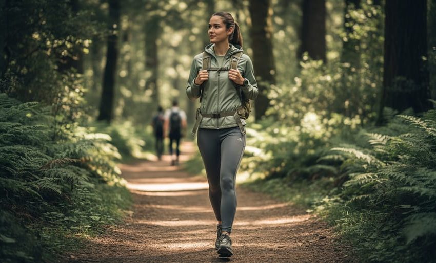 Woman hiking on a forest trail wearing a layered, moisture-wicking base outfit, lightweight windbreaker, and supportive hiking shoes with a small daypack.