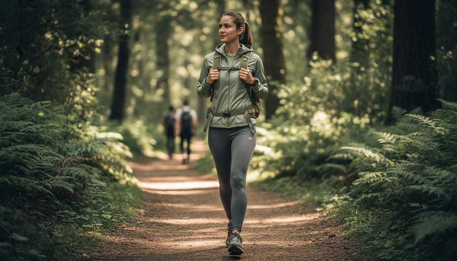 Woman hiking on a forest trail wearing a layered, moisture-wicking base outfit, lightweight windbreaker, and supportive hiking shoes with a small daypack.
