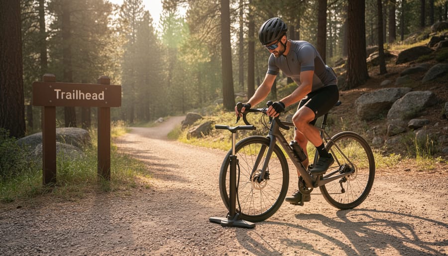 Cyclist kneeling beside a road bike at a trailhead while using a manual bike pump.