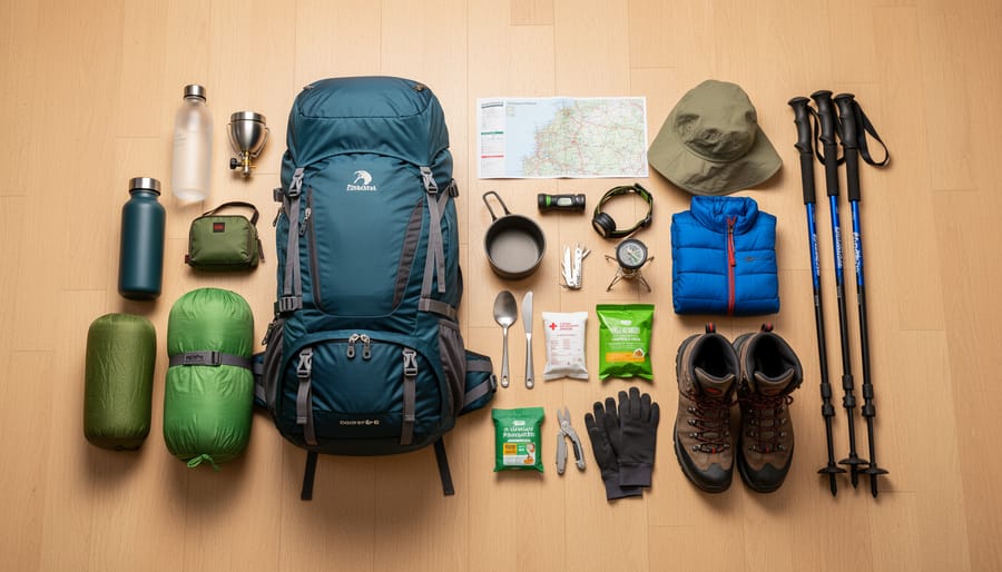 Daypack essentials laid out and organized on a table before a hike