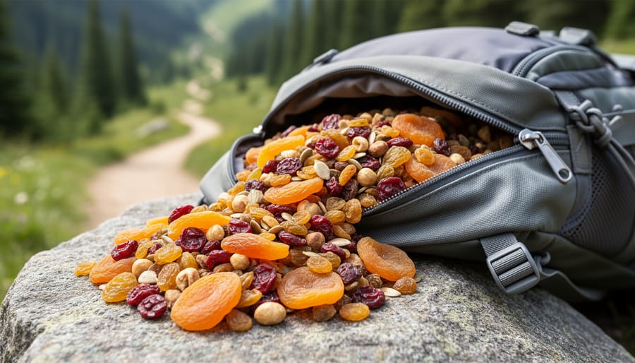 Close-up view from above of dried fruit in a snack cup on a rock near hiking poles.