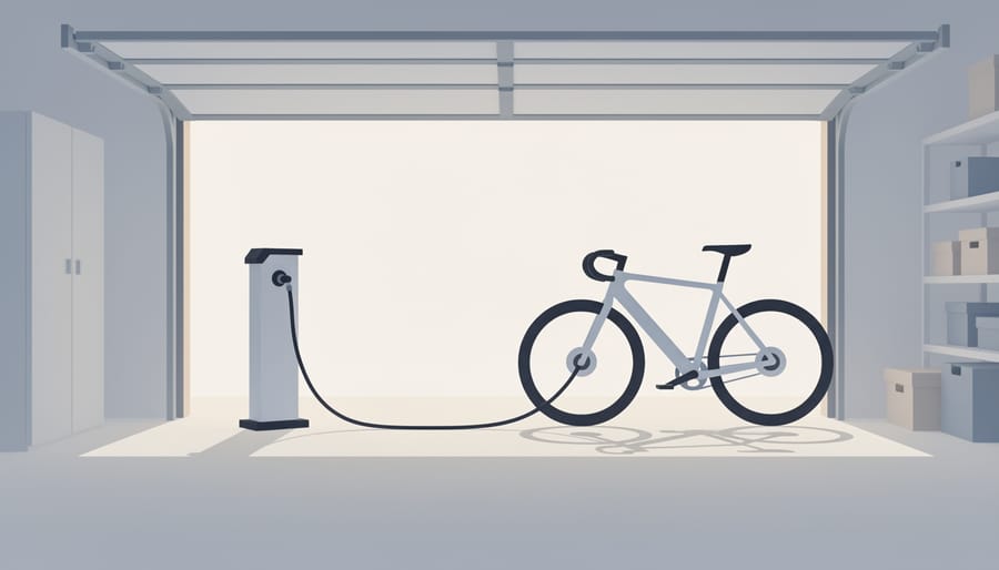 Floor pump on a wooden workbench next to a bicycle tire, suggesting durability and reliable use.