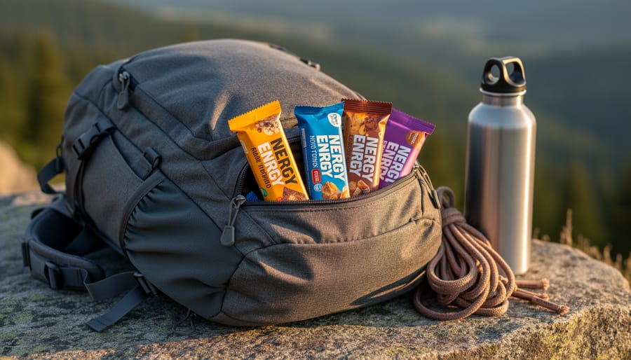 Energy bars placed next to a hiking backpack pocket and carabiner on a trail.