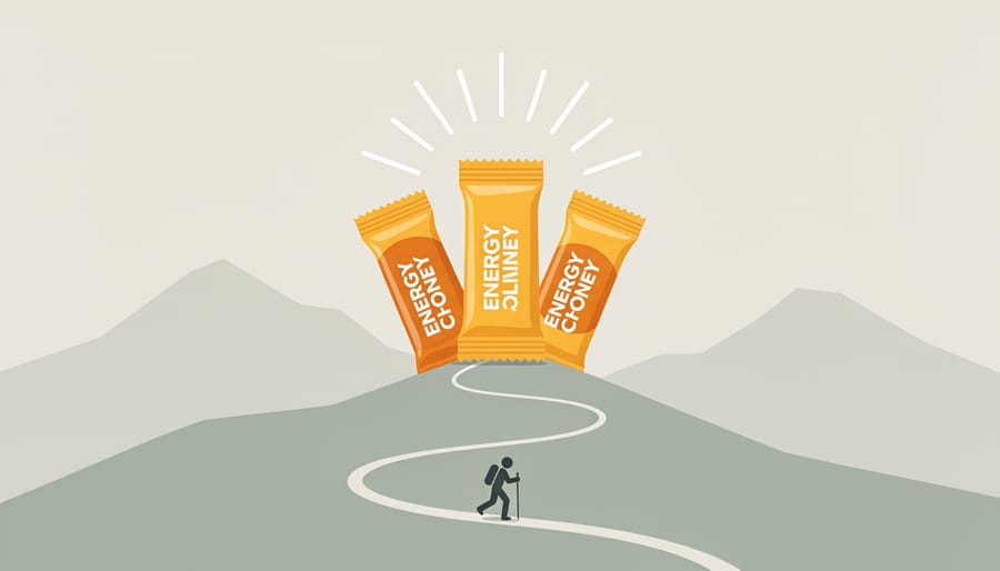 Hand squeezing an energy gel packet into a small cup during a hike on a forest trail.