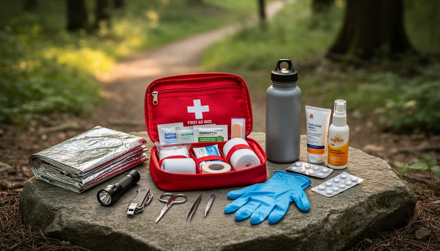 First-aid and emergency essentials arranged on a forest floor near dry leaves