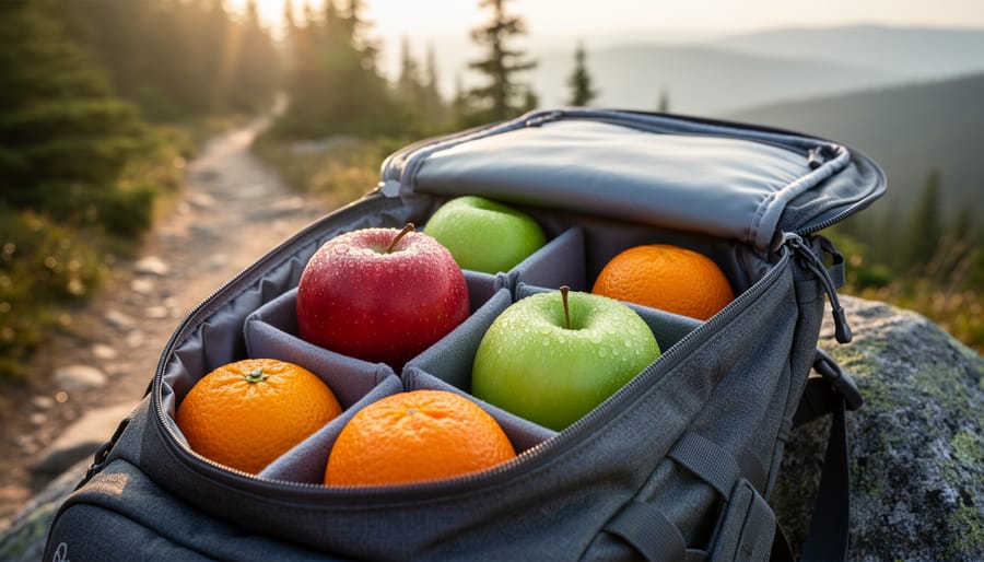 Fresh apple and orange inside a mesh bag placed in an open hiking backpack.