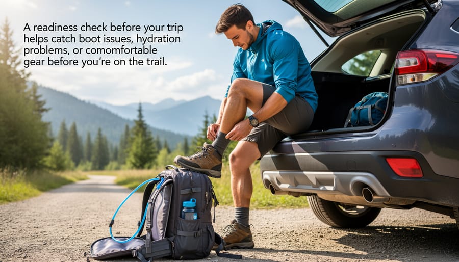 Hiker adjusting backpack straps and hydration hose while resting at a mountain viewpoint