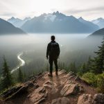 Hiker silhouetted on a rocky lookout overlooking Golden Ears Provincial Park’s forested trails and distant mountain peaks.