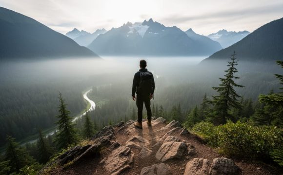Hiker silhouetted on a rocky lookout overlooking Golden Ears Provincial Park’s forested trails and distant mountain peaks.