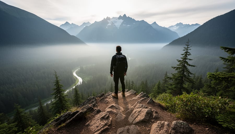 Hiker silhouetted on a rocky lookout overlooking Golden Ears Provincial Park’s forested trails and distant mountain peaks.